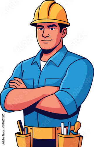 A confident construction worker standing with his arms crossed on transparent background