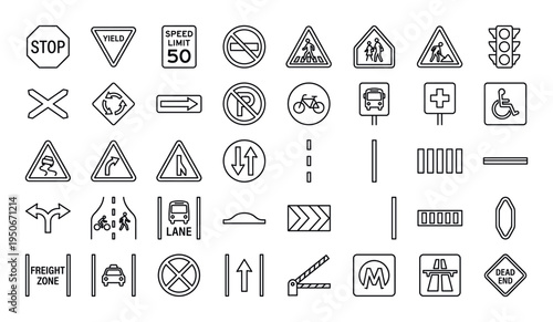Street control and pavement indicator set featuring halt octagonal board, priority warning triangle, velocity limit plaque,
