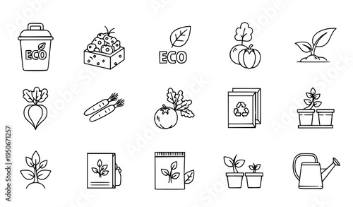 A set of eco friendly illustrations featuring various icons related to sustainable living and environmental conservation