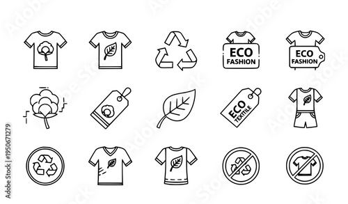A set of eco-friendly fashion icons and symbols in a minimal line art style representing sustainable clothing and recycling concepts