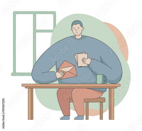 Man sitting at a table, holding an open envelope and papers, with a mug nearby