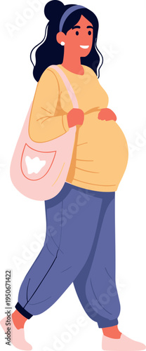A pregnant woman walking and holding a bag on transparent background