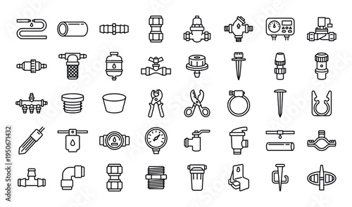 Collection of line art icons representing plumbing and irrigation system components