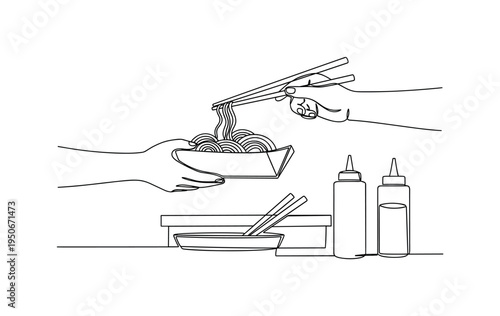 Continuous line drawing of hands serving noodles with chopsticks and condiments