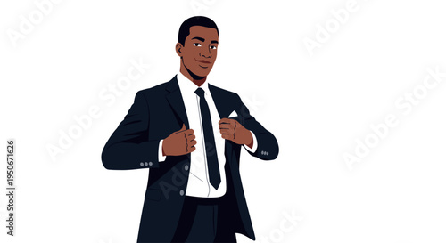 A professional African American businessman adjusting his suit jacket on transparent background