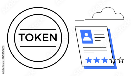 Digital token beside a user profile card with a star rating system under a cloud outline. Ideal for blockchain, cryptocurrency, NFTs, reviews, credentials, online identity, verification. Simple flat