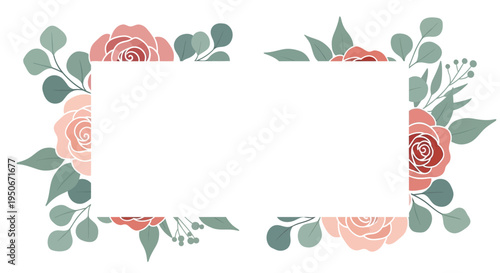 Floral Border Frame with Roses and Eucalyptus Leaves.