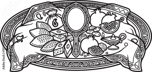 Azerbaijani khoncha wedding tray traditional flat icon black and white line art