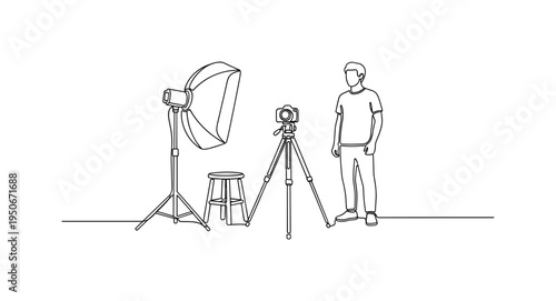 Minimalist line art of a photographer setting up studio equipment with a person standing