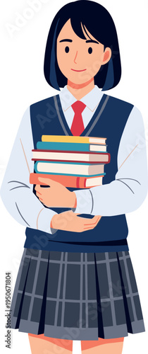 A young schoolgirl in uniform holding a stack of colorful books on transparent background