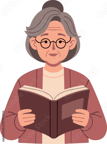 An elderly woman reading a book on transparent background