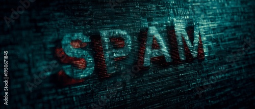 SPAM appears in pixelated letters on a dark digital background. Text glows bright blue and white.