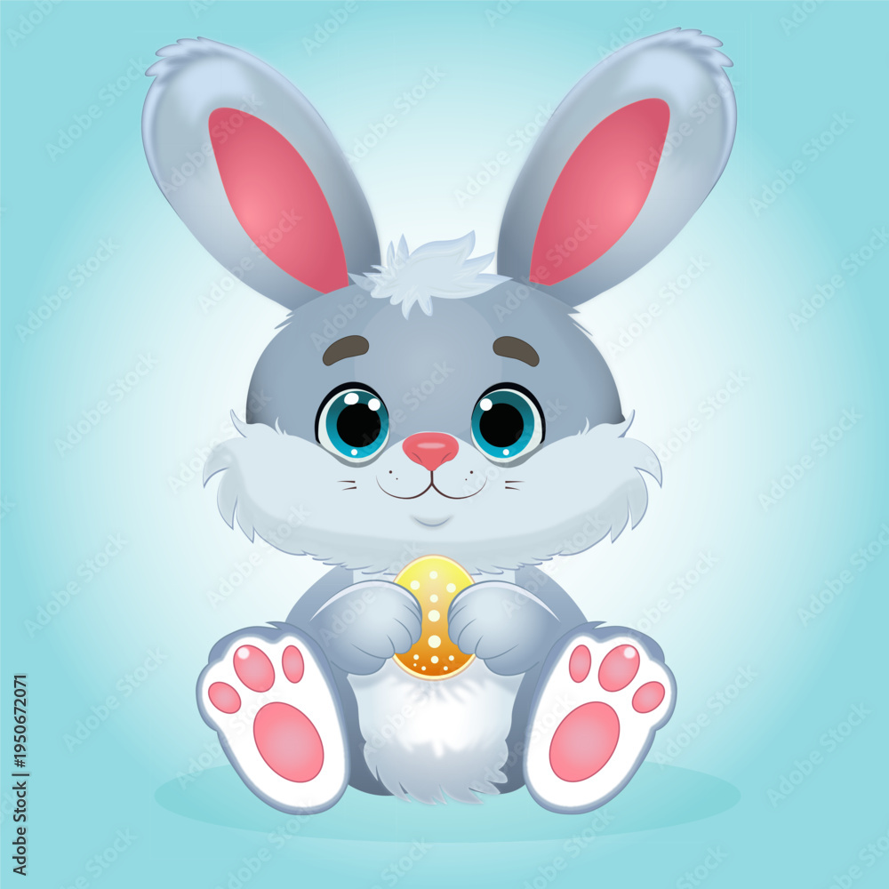 Fototapeta premium Cute vector illustration of a grey baby bunny holding a gold Easter egg, clean Scandinavian flat design, perfect for nursery art, greeting cards, and kids' products branding.