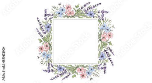 Square floral frame with delicate flowers and lavender sprigs.