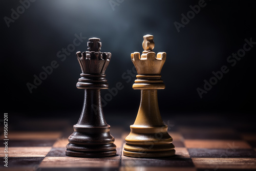 Two chess pieces facing each other on a dark chessboard.