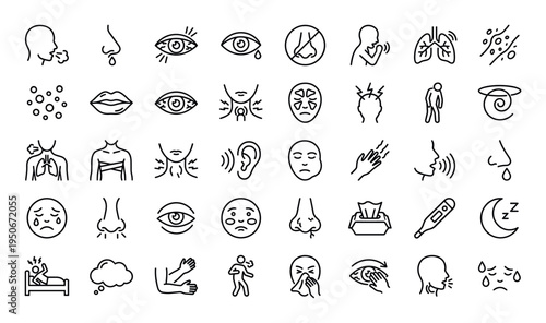 Collection of medical icons representing symptoms and conditions related to illness and health