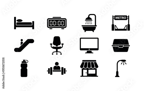 Cherry blossom icon, declutter trash bag symbol, light sweater icon, picnic basket icon, window cleaning squeegee symbol, green