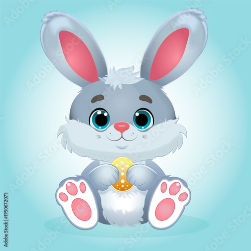 Cute vector illustration of a grey baby bunny holding a gold Easter egg, clean Scandinavian flat design, perfect for nursery art, greeting cards, and kids' products branding.