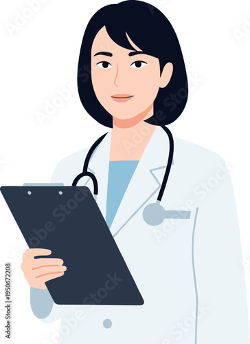 A female doctor holding a clipboard on transparent background