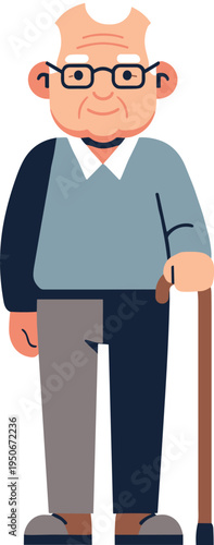 An elderly man with glasses and a cane standing on transparent background