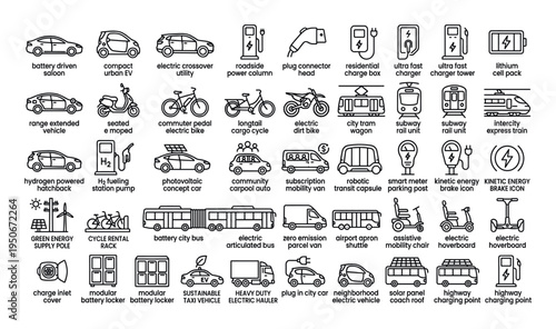 Clean transportation solutions set featuring battery driven saloon, compact urban EV, electric crossover utility, roadside power