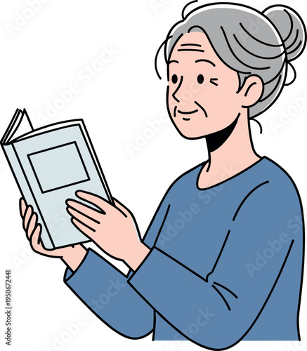 An older woman reading a book on transparent background