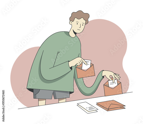 Soft person leans forward organizing receipts into envelopes, fingertips precise as the surface remains uncluttered | person