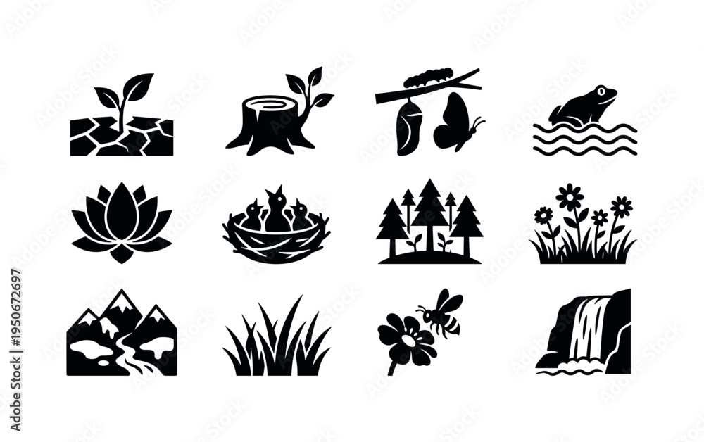 Fototapeta premium Cracked earth turning green icon, tree stump with new shoot symbol, caterpillar transforming icon, frog emerging from water symbol