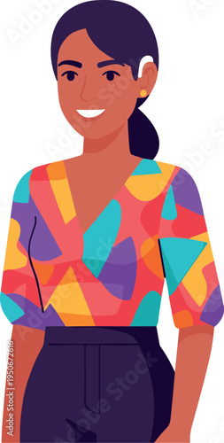 A smiling woman with dark hair wearing a colorful blouse on transparent background
