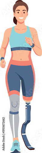 A woman with a prosthetic leg is jogging on transparent background