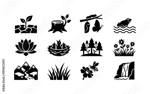Cracked earth turning green icon, tree stump with new shoot symbol, caterpillar transforming icon, frog emerging from water symbol