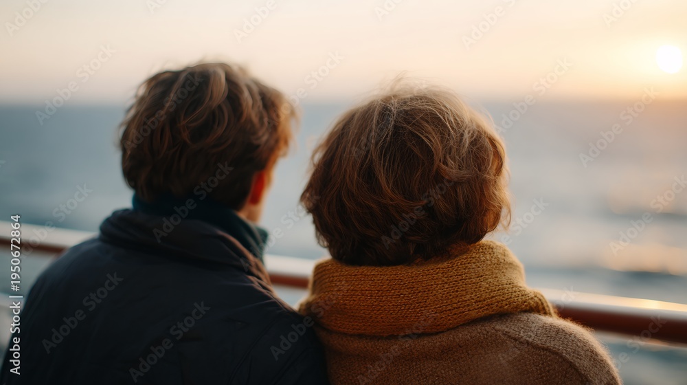 Fototapeta premium Two people sit close, gazing out at sunset over water