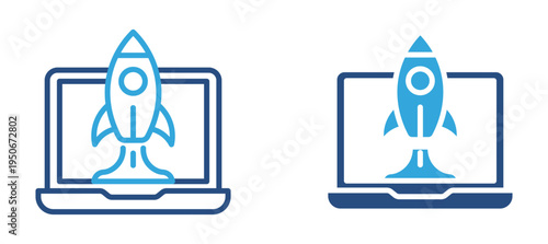 Startup launch icon set. Rocket launching from laptop screen, business startup, innovation, digital project launch and technology development concept. Vector illustration.