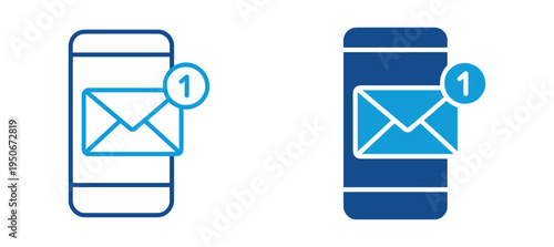 Mobile message notification icon set. Smartphone with envelope and alert badge, new email message, communication and mobile notification concept. Vector illustration.