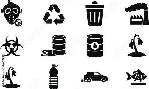 A collection of black icons depicting environmental pollution on transparent background