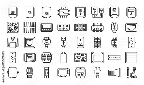 Variety of electrical and electronic icons in a clean line art style