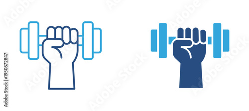 Dumbbell workout icon set. Hand lifting barbell weight, strength training, gym fitness and bodybuilding exercise concept. Vector illustration.