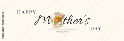 Minimal Mother's Day banner with delicate white flower in collage technique, elegant typography. Romantic pastel design for greeting cards, posters, invitations, social media headers, holiday banners