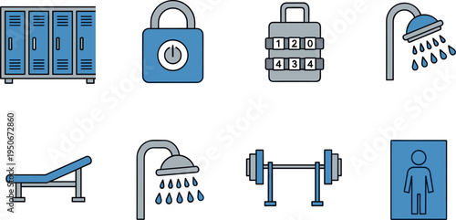 A set of gym and locker room icons on transparent background