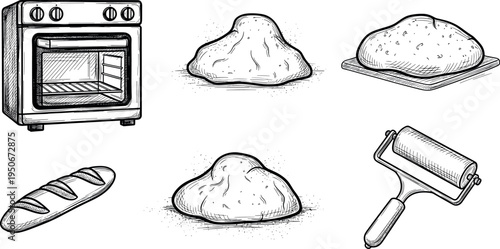 An illustration of baking equipment and dough on transparent background