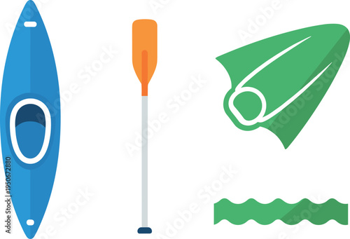 A collection of kayak equipment on transparent background