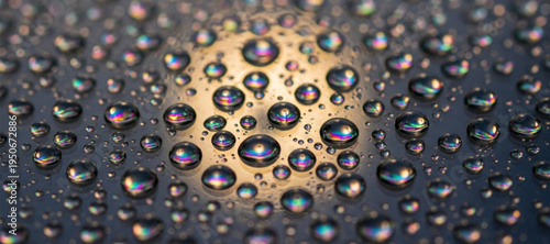 Close-up of iridescent water droplets on a reflective surface water drops condensation
