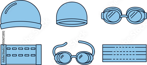 A collection of blue swimming accessories on transparent background