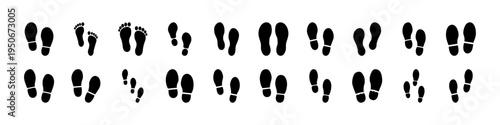 Black Human Footprints and Walking Tracks Set - Collection of black silhouette human footprints showing different walking tracks, step patterns, and directions useful for trails, navigation, and desig