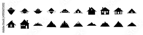 Black House and Mountain Silhouette Icon Set - Collection of black silhouette icons featuring houses, mountains, and landscape shapes useful for maps, real estate, outdoor themes, and navigation graph