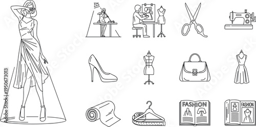 A collection of fashion design elements on transparent background