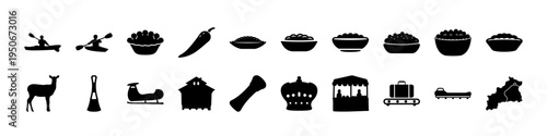 Black Food Drink and Travel Icon Set - Collection of black silhouette icons featuring food, bowls, bottles, animals, houses, trains, and travel elements for lifestyle and tourism design.