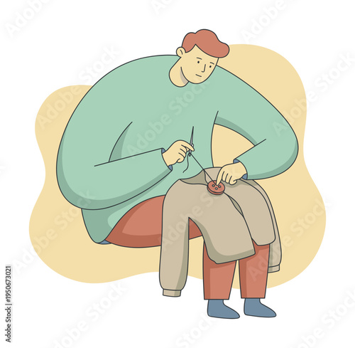 Man sewing a button onto a garment with needle and thread, minimalist illustration