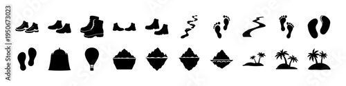 Black Footprints Shoes and Boat Silhouette Icons - Collection of black silhouette icons showing shoes, footprints, bells, boats, palm trees, and travel elements for tourism, navigation, and lifestyle 