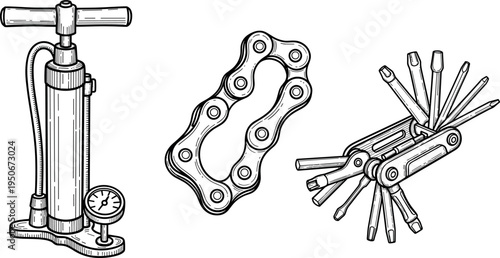 A set of bicycle tools including a pump and multi-tool on transparent background
